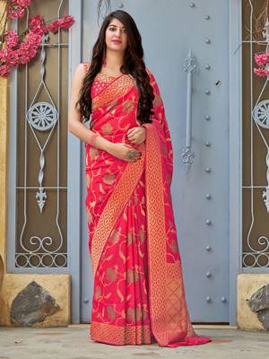 Pink woven banarasi silk saree with blouse 1
