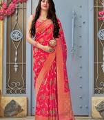 Pink woven banarasi silk saree with blouse