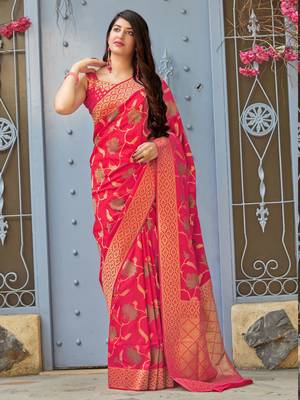 Pink woven banarasi silk saree with blouse 2
