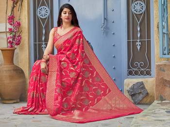 Pink woven banarasi silk saree with blouse 3