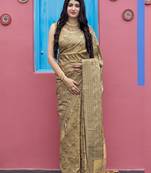 Beige woven banarasi silk saree with blouse