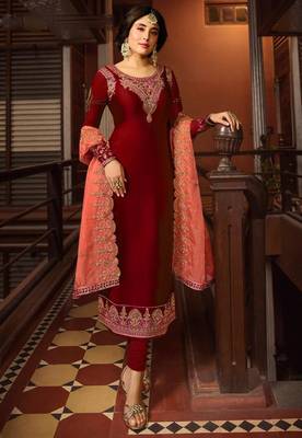 Red Satin Georgette Straight Salwar Suit Semi Stitched 1