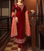 Red Satin Georgette Straight Salwar Suit Semi Stitched