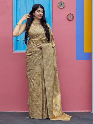 Beige woven banarasi silk saree with blouse 2