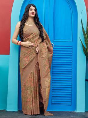 Beige woven banarasi silk saree with blouse 1