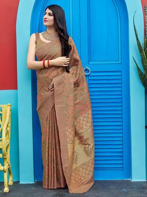 Beige woven banarasi silk saree with blouse 2