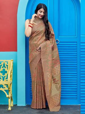 Beige woven banarasi silk saree with blouse 4