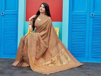 Beige woven banarasi silk saree with blouse 5