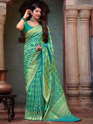 Turquoise woven banarasi silk saree with blouse 2