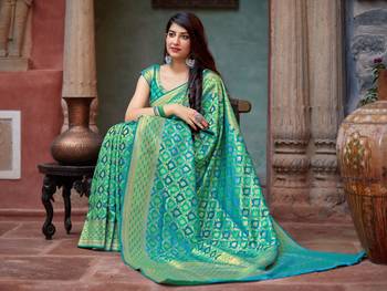 Turquoise woven banarasi silk saree with blouse 3