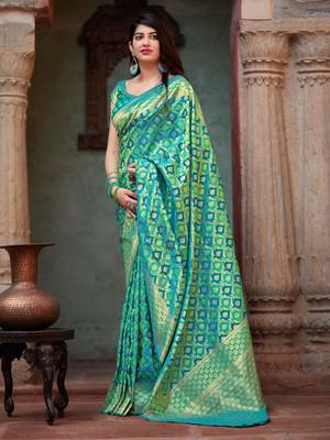 Turquoise woven banarasi silk saree with blouse 4