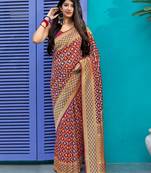 Maroon woven banarasi silk saree with blouse