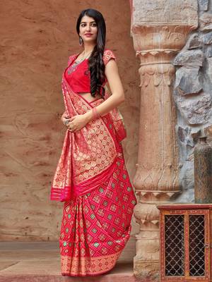 Pink woven banarasi silk saree with blouse 2