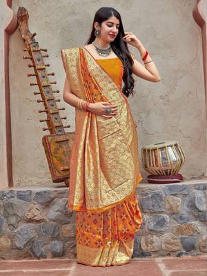 Yellow woven banarasi silk saree with blouse 1