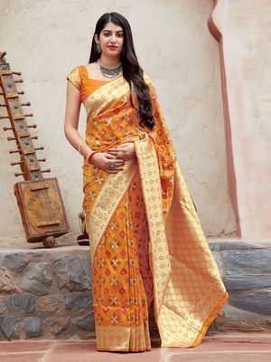 Yellow woven banarasi silk saree with blouse 2