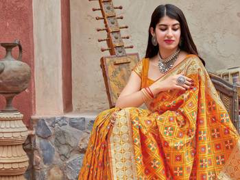 Yellow woven banarasi silk saree with blouse 3