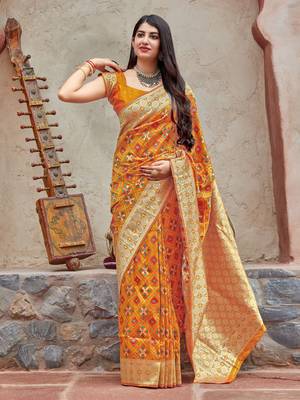 Yellow woven banarasi silk saree with blouse 4