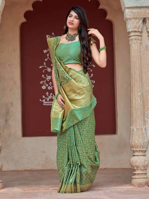 Green woven banarasi silk saree with blouse 2