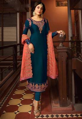 Blue Satin Georgette Straight Salwar Suit Semi Stitched 1