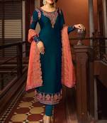 Blue Satin Georgette Straight Salwar Suit Semi Stitched
