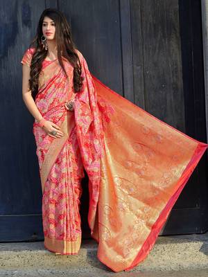 Pink woven banarasi silk saree with blouse 2