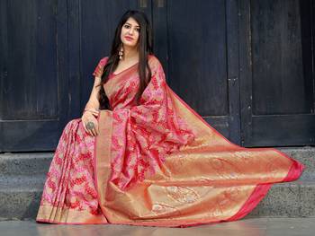 Pink woven banarasi silk saree with blouse 5
