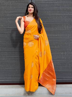 Yellow woven banarasi silk saree with blouse 1