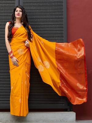 Yellow woven banarasi silk saree with blouse 2