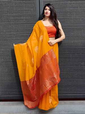 Yellow woven banarasi silk saree with blouse 4