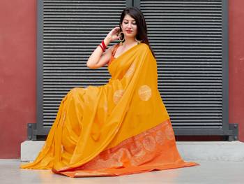 Yellow woven banarasi silk saree with blouse 5