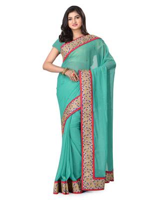 Turquoise Embroidered Jacquard Saree With Blouse 1