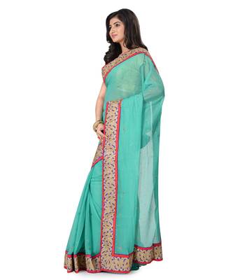 Turquoise Embroidered Jacquard Saree With Blouse 2