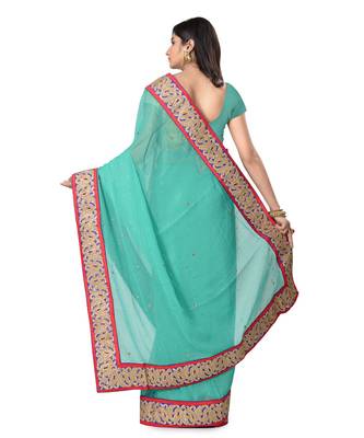 Turquoise Embroidered Jacquard Saree With Blouse 3