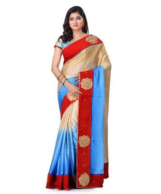 Turquoise Embroidered Jacquard Saree With Blouse 1