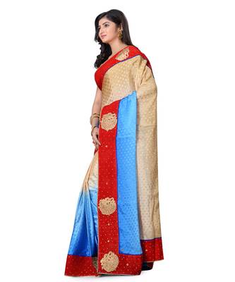 Turquoise Embroidered Jacquard Saree With Blouse 2