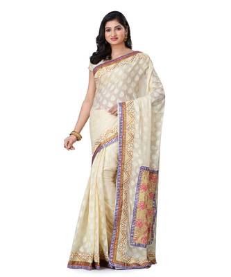 Off White Embroidered Jacquard Saree With Blouse 1