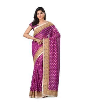 Magenta Embroidered Jacquard Saree With Blouse 1