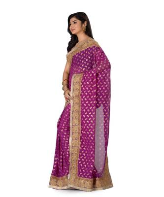 Magenta Embroidered Jacquard Saree With Blouse 2