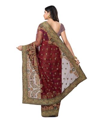 Maroon Embroidered Super_Net Saree With Blouse 2