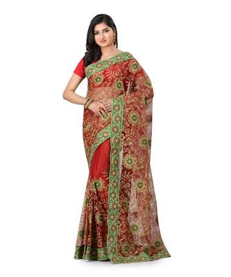 Red Embroidered Super_Net Saree With Blouse 1