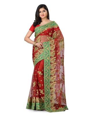 Red Embroidered Super_Net Saree With Blouse 1