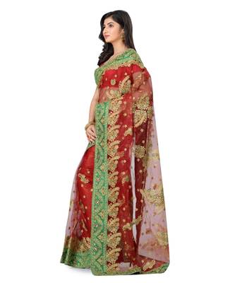 Red Embroidered Super_Net Saree With Blouse 2