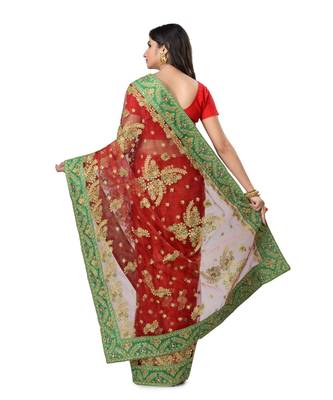 Red Embroidered Super_Net Saree With Blouse 3