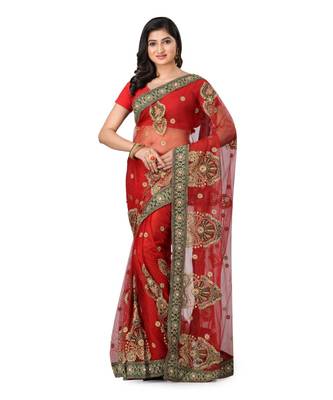 Red Embroidered Super_Net Saree With Blouse 1