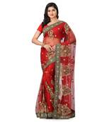Red Embroidered Super_Net Saree With Blouse