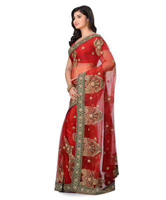 Red Embroidered Super_Net Saree With Blouse 2