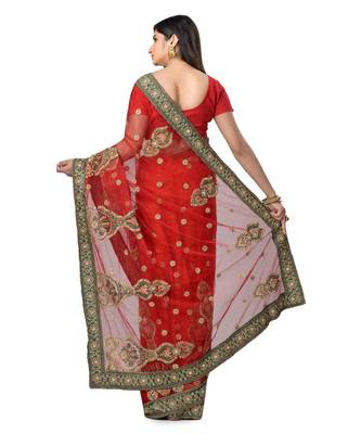 Red Embroidered Super_Net Saree With Blouse 3