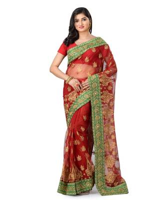 Red Embroidered Super_Net Saree With Blouse 1