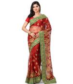 Red Embroidered Super_Net Saree With Blouse