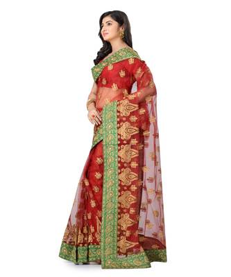 Red Embroidered Super_Net Saree With Blouse 2